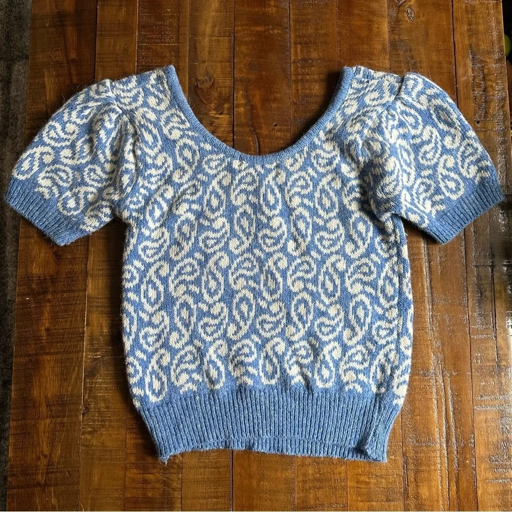 Vintage Nicole Curie Blue Paisley Sweater M Silk Linen Whimsy Twee Clean Girl